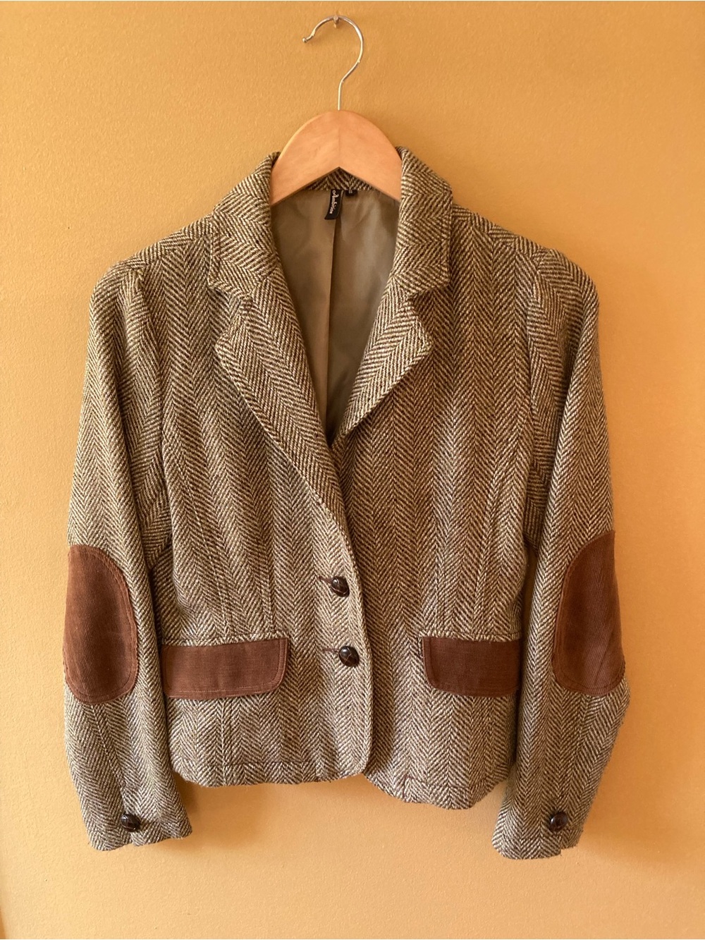 Herringbone Tweed Women's Blazer Jacket - Olive/cream, size S